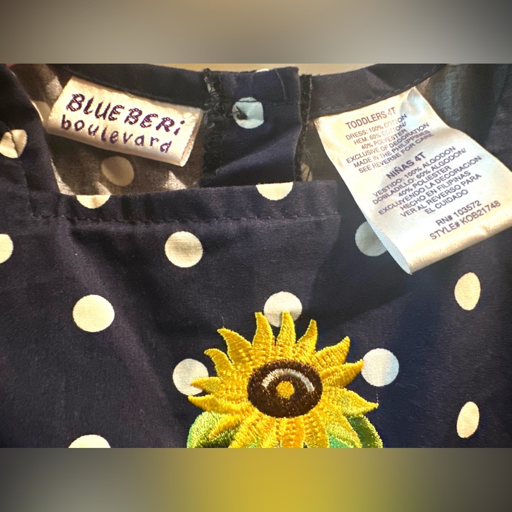 Blueberi boulevard dress navy w/polka dots & sunflower details - girl’s 4T - Picture 2 of 10